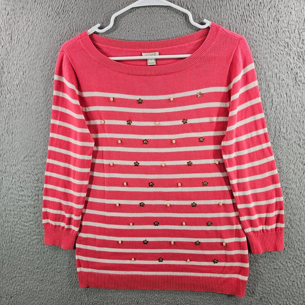 J.Crew Pink White Striped Embellished Cotton Sweater Boat Neck Womens S